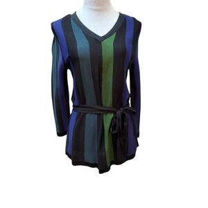 Philosophy by Republic Striped V Neck Belted Sweater Top Women's Sz M